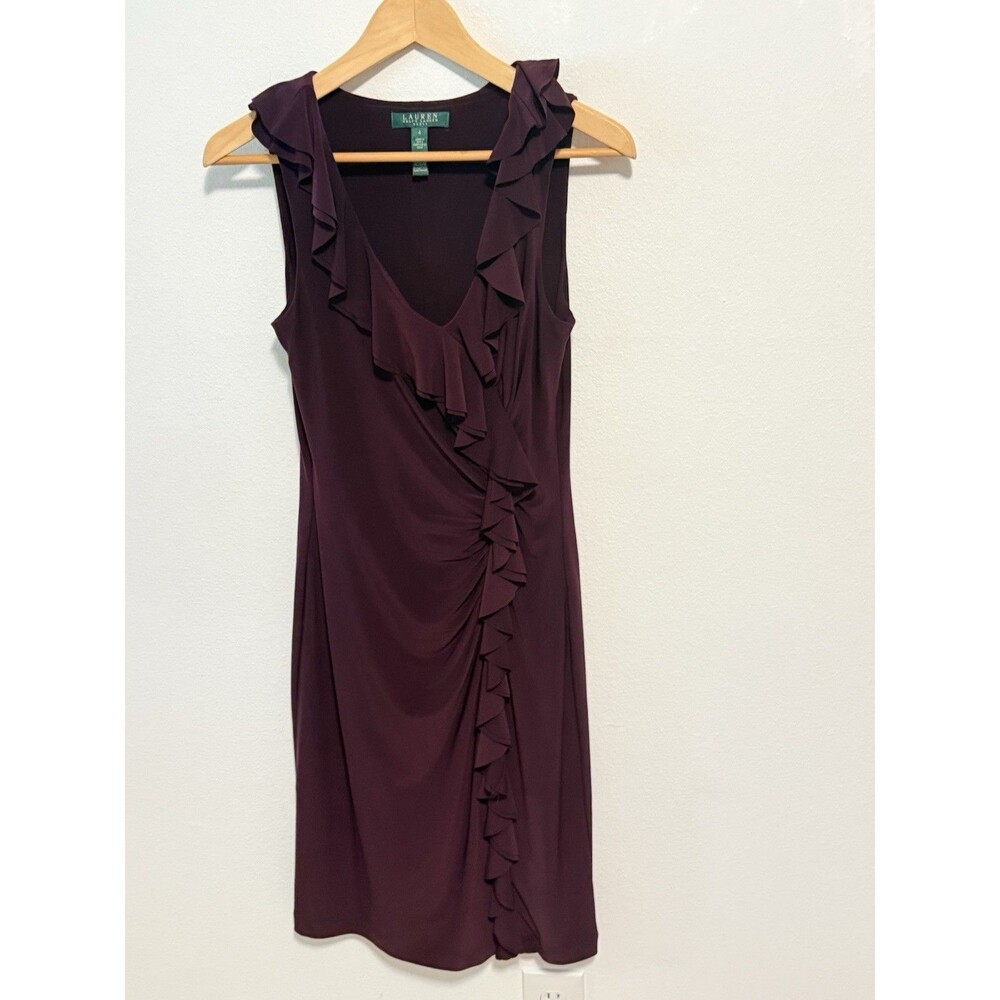 Lauren Ralph Lauren Ruffle Faux Wrap Dress Plum Burgundy Wine Size 4 Ruched Cute